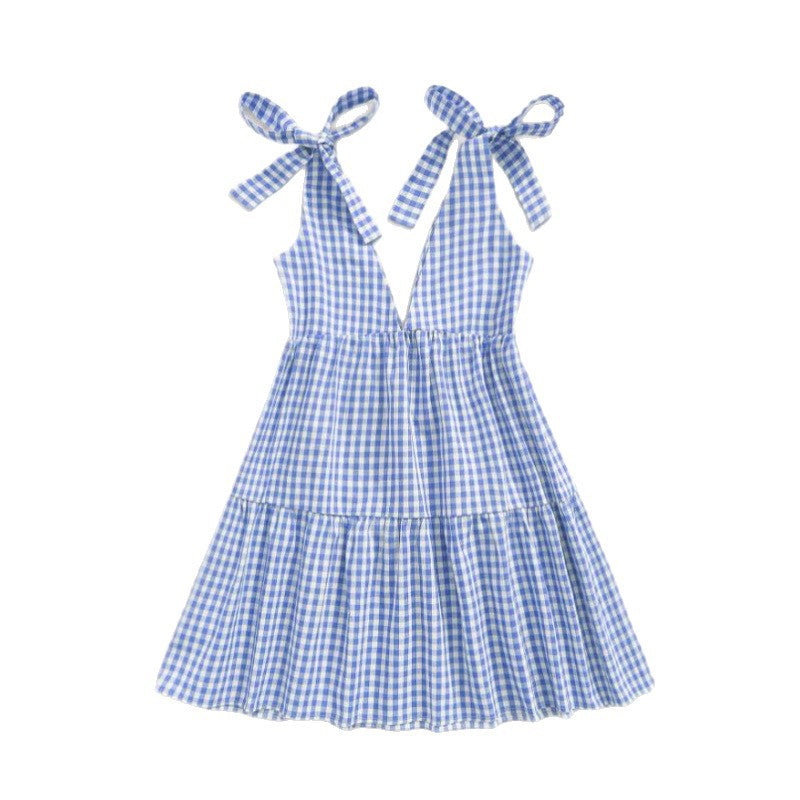Plaid V-Neck A-Line Dress for Women with Bow Strap