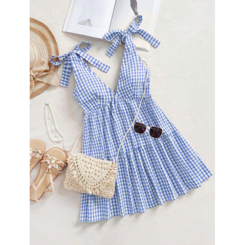 Plaid V-Neck A-Line Dress for Women with Bow Strap