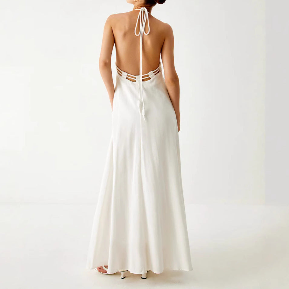 Off-White Halter Neck Open Back Dress for Women, Cutout