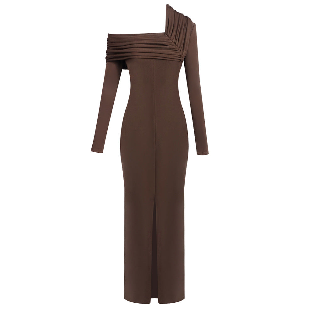 Women's One Shoulder Pleated Maxi Dress with High Slit
