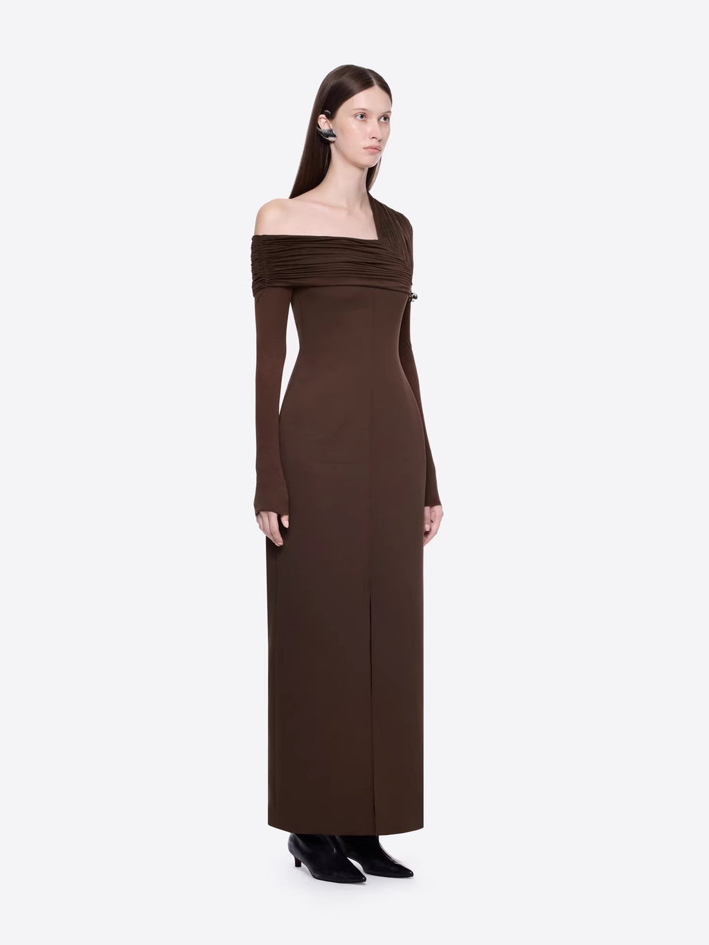 Women's One Shoulder Pleated Maxi Dress with High Slit