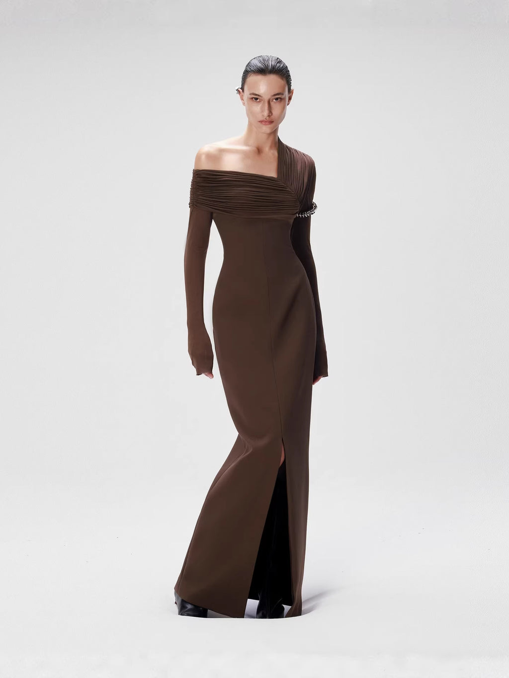 Women's One Shoulder Pleated Maxi Dress with High Slit