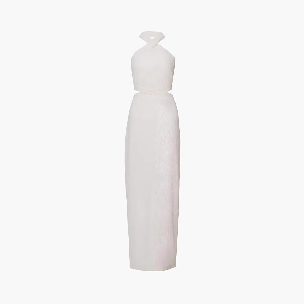 Women's White Halter Neck Cutout Maxi Dress with High Slit