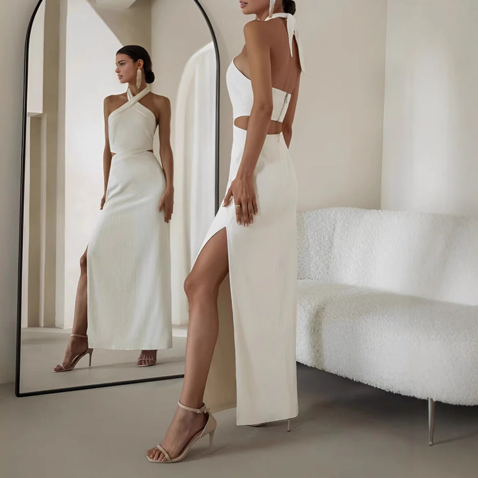 Women's White Halter Neck Cutout Maxi Dress with High Slit