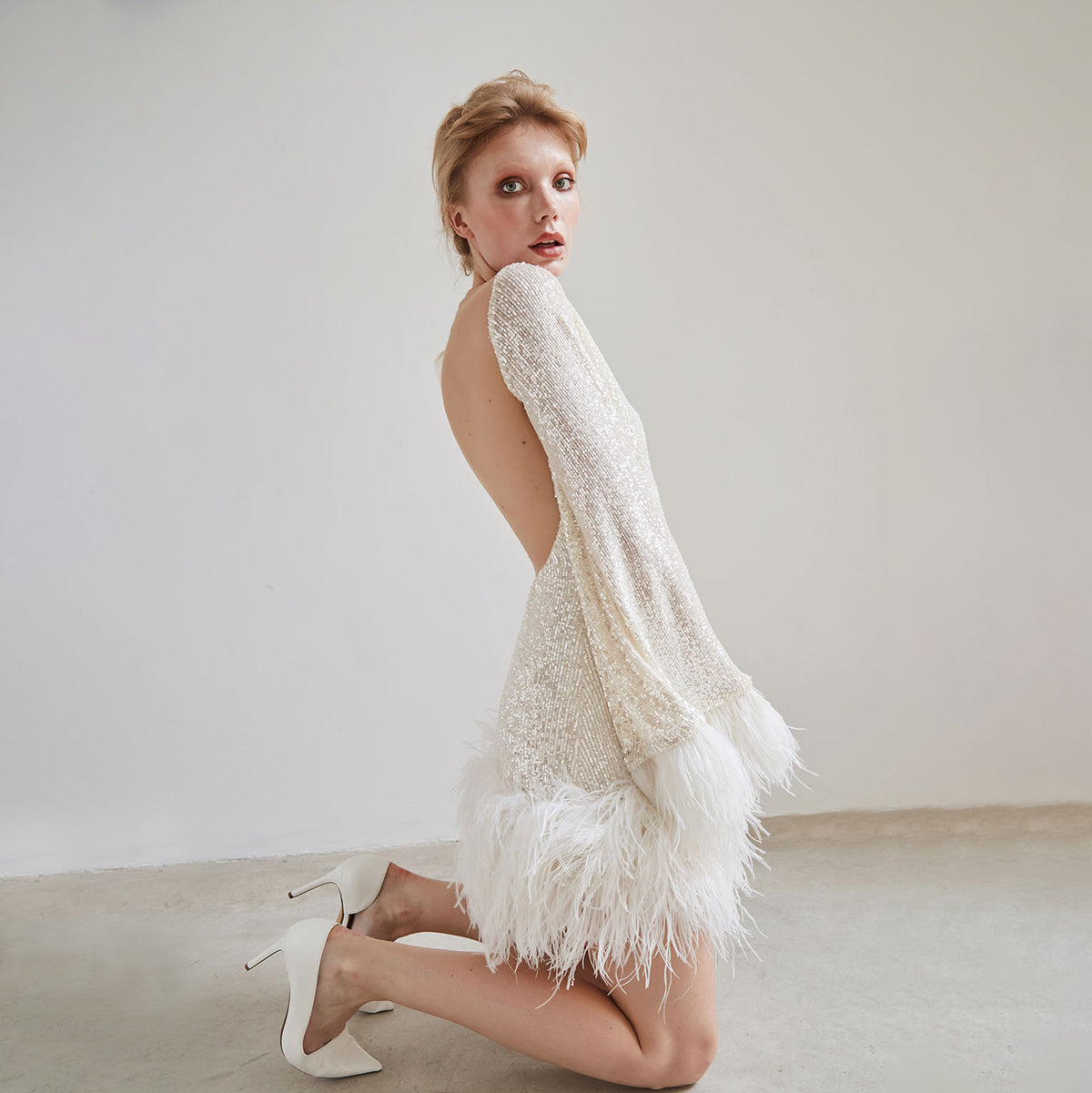 Women's Sequined Flared Sleeve Feather Hem Mini Dress