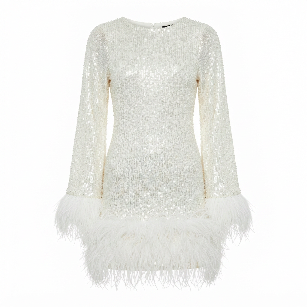 Women's Sequined Flared Sleeve Feather Hem Mini Dress