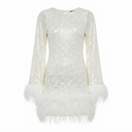 Women's Sequined Flared Sleeve Feather Hem Mini Dress