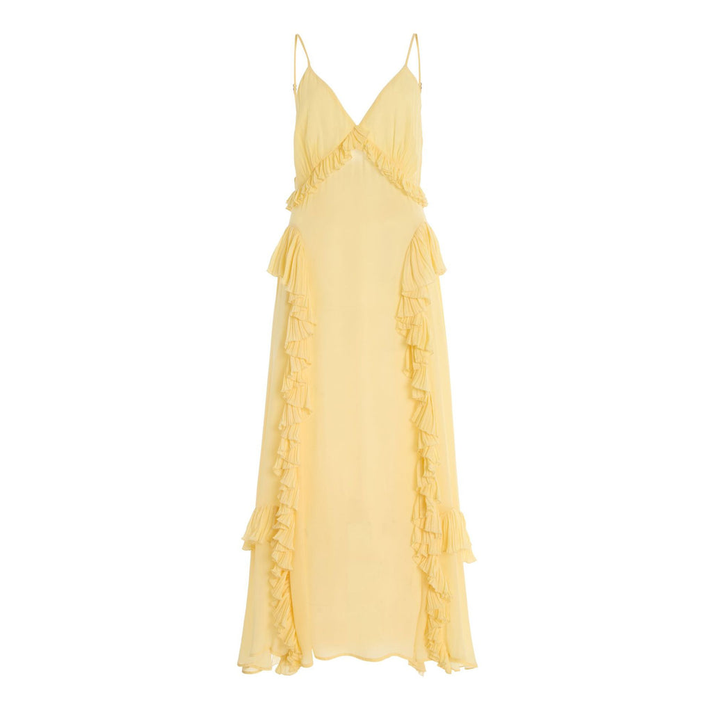 Yellow Ruffle-Trim Spaghetti Strap Maxi Dress for Women