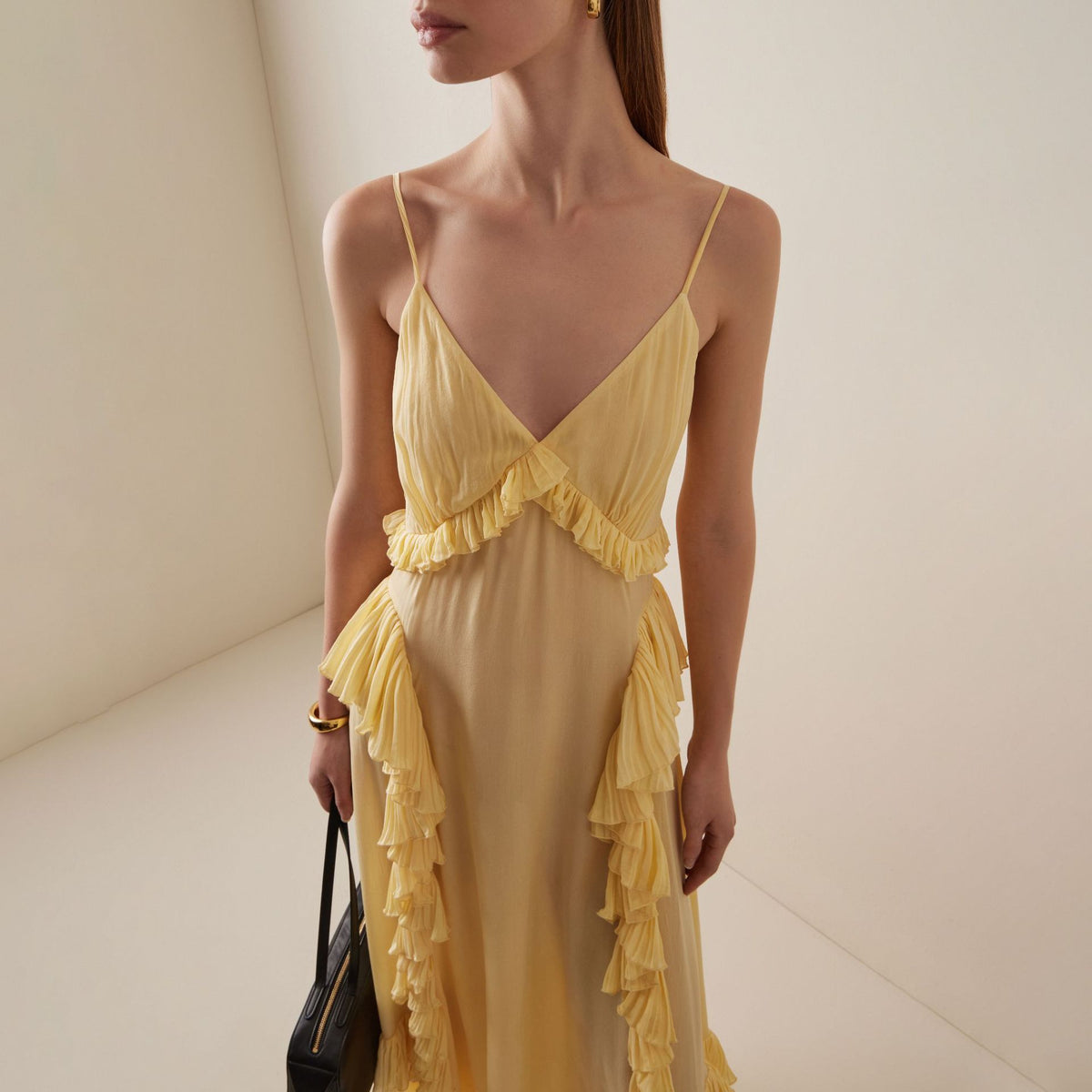 Yellow Ruffle-Trim Spaghetti Strap Maxi Dress for Women