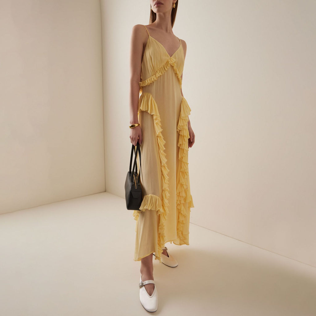 Yellow Ruffle-Trim Spaghetti Strap Maxi Dress for Women