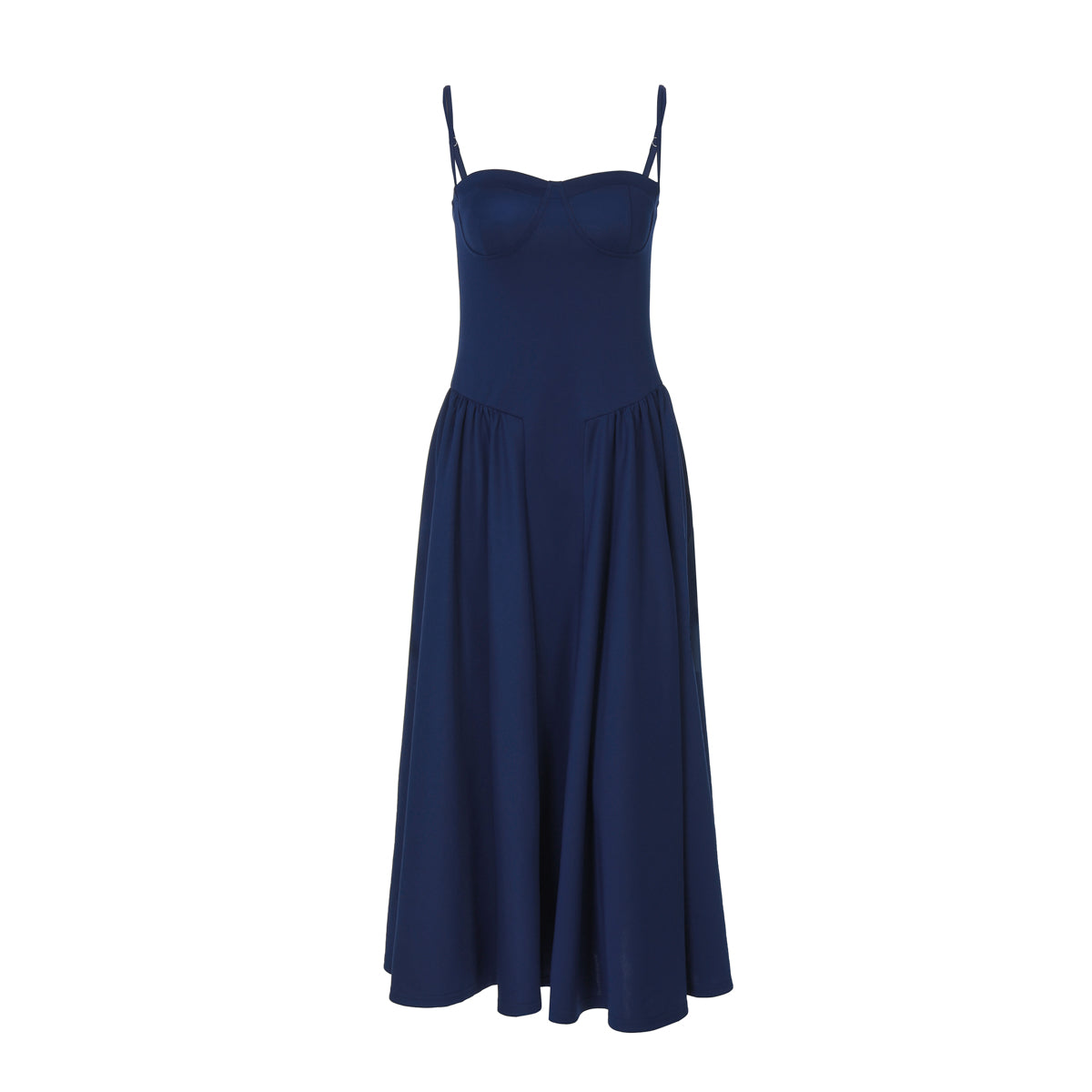 Women's Solid Navy Spaghetti Strap A-Line Midi Dress