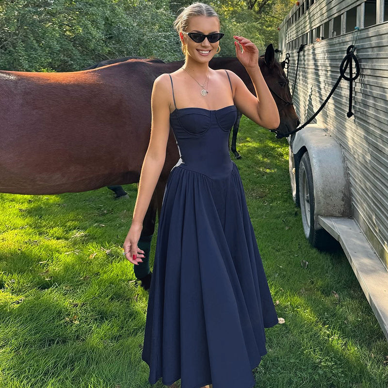 Women's Solid Navy Spaghetti Strap A-Line Midi Dress