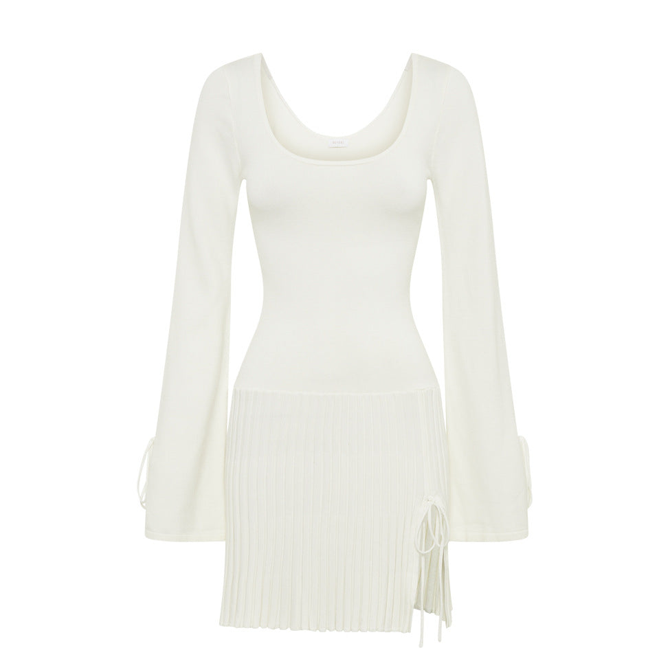 White Long Sleeve Knit Pleated Mini Dress with Side Slit