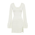 White Long Sleeve Knit Pleated Mini Dress with Side Slit