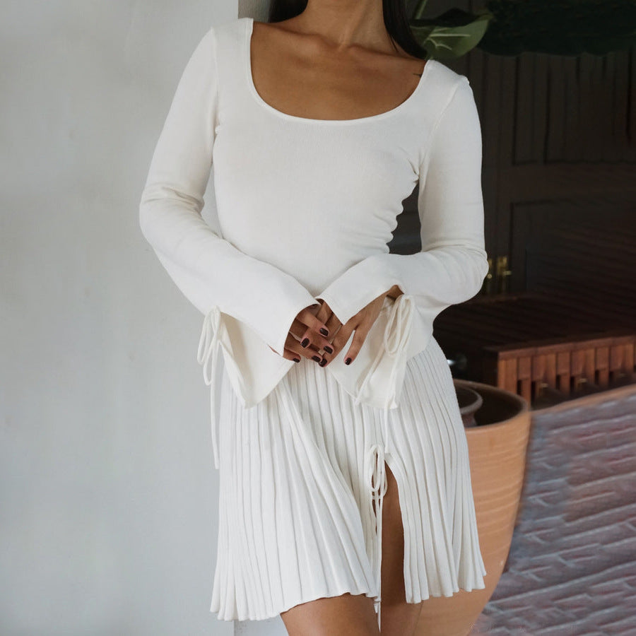 White Long Sleeve Knit Pleated Mini Dress with Side Slit