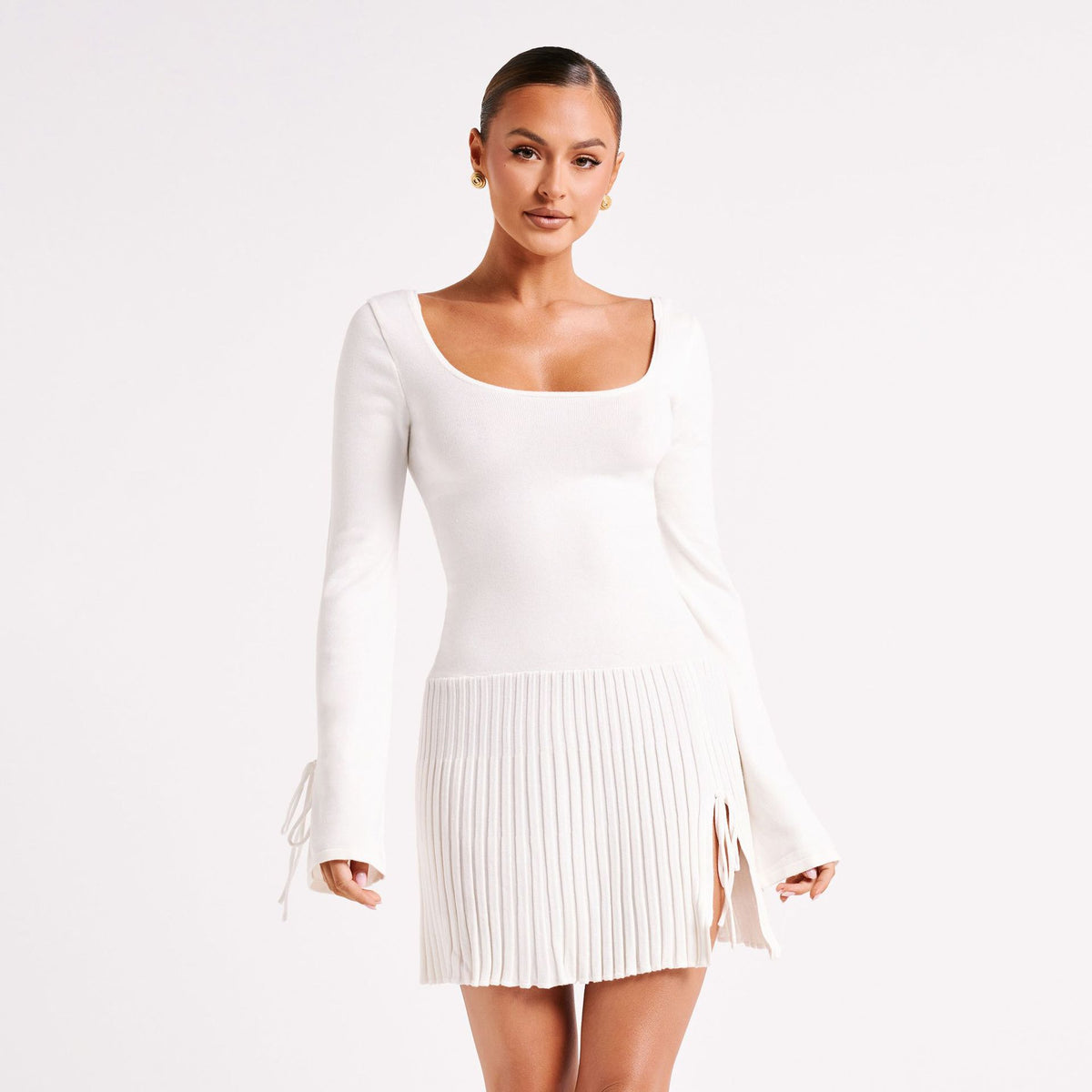 White Long Sleeve Knit Pleated Mini Dress with Side Slit