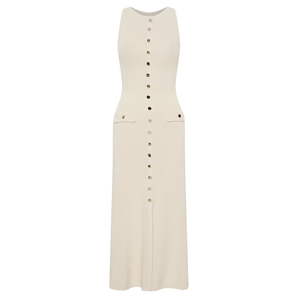 Off-White Sleeveless Ribbed Knit Button Maxi Dress