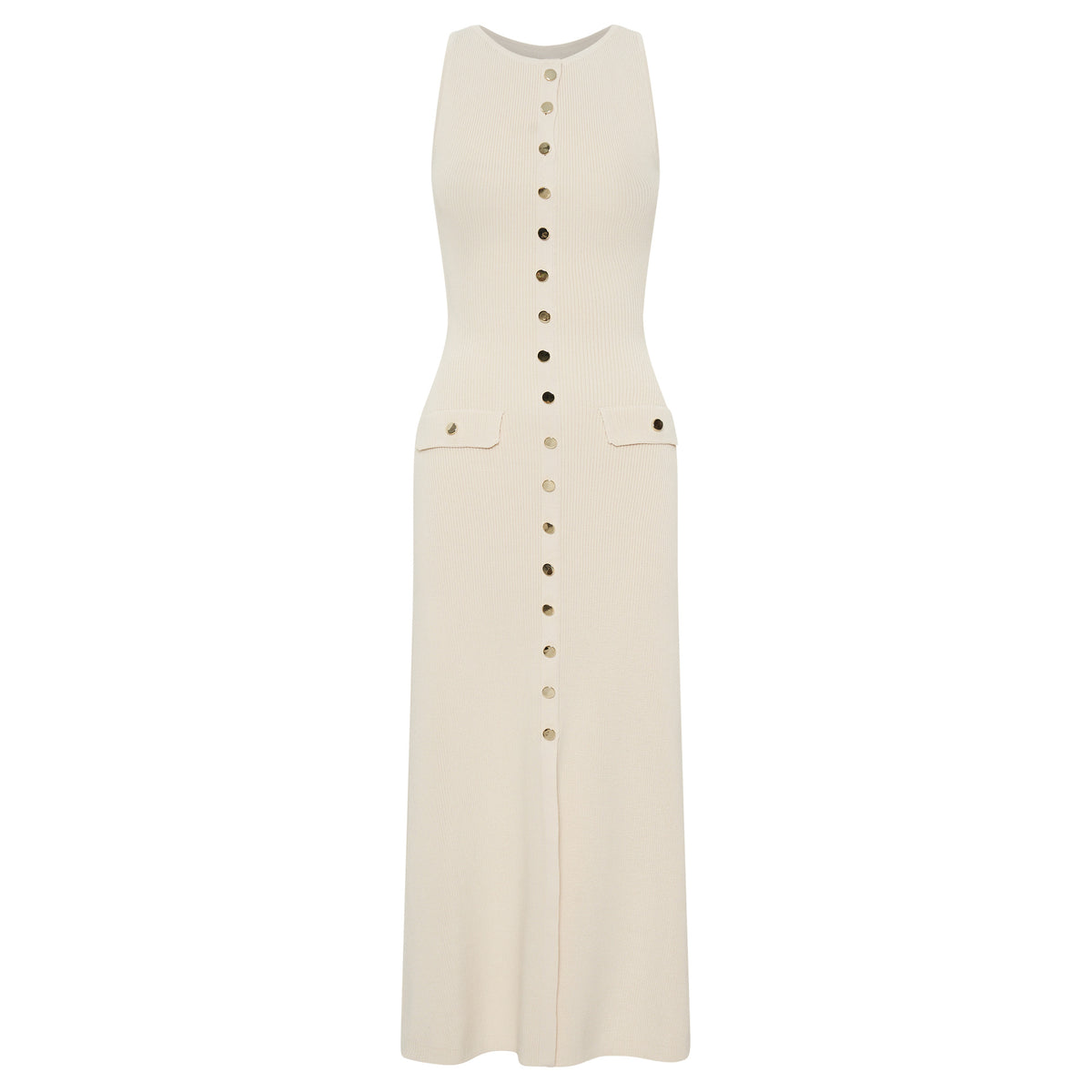 Off-White Sleeveless Ribbed Knit Button Maxi Dress