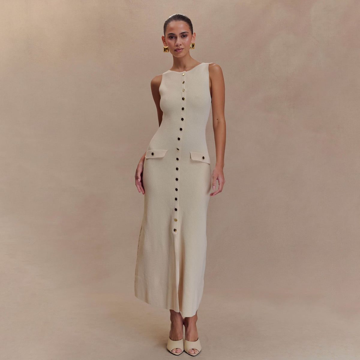 Off-White Sleeveless Ribbed Knit Button Maxi Dress