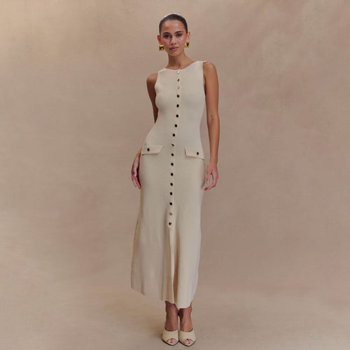 Off-White Sleeveless Ribbed Knit Button Maxi Dress