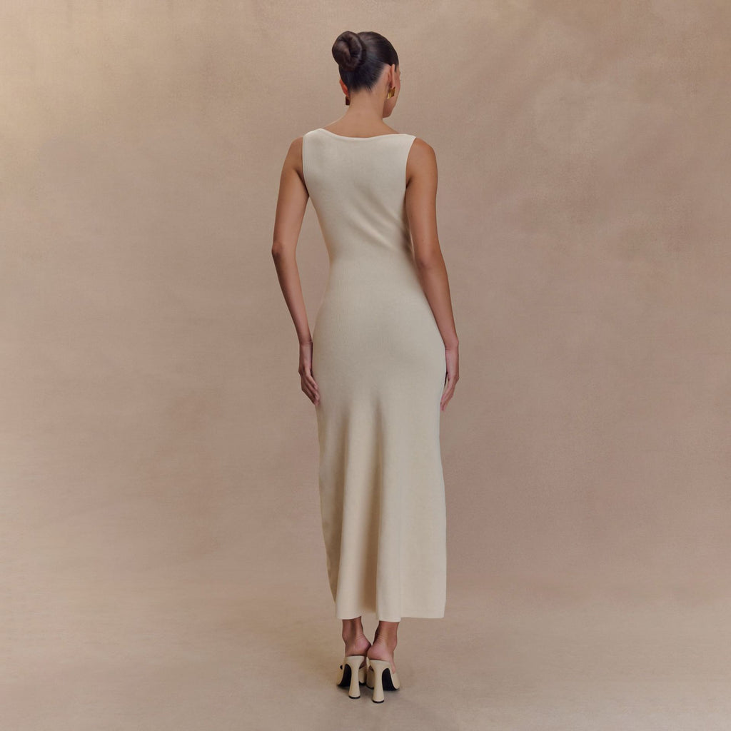 Off-White Sleeveless Ribbed Knit Button Maxi Dress